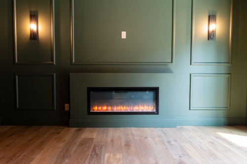 an office with a fireplace